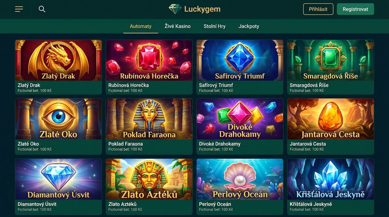 Úvodní stránka online kasina Luckygem s nabídkou automatů a živého kasina