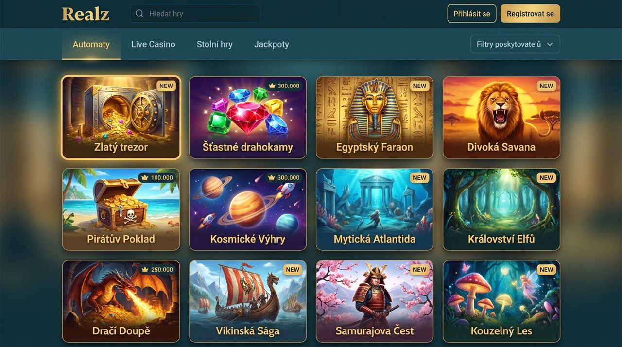 Úvodní stránka online kasina Realz s kategoriemi her a nabídkou automatů