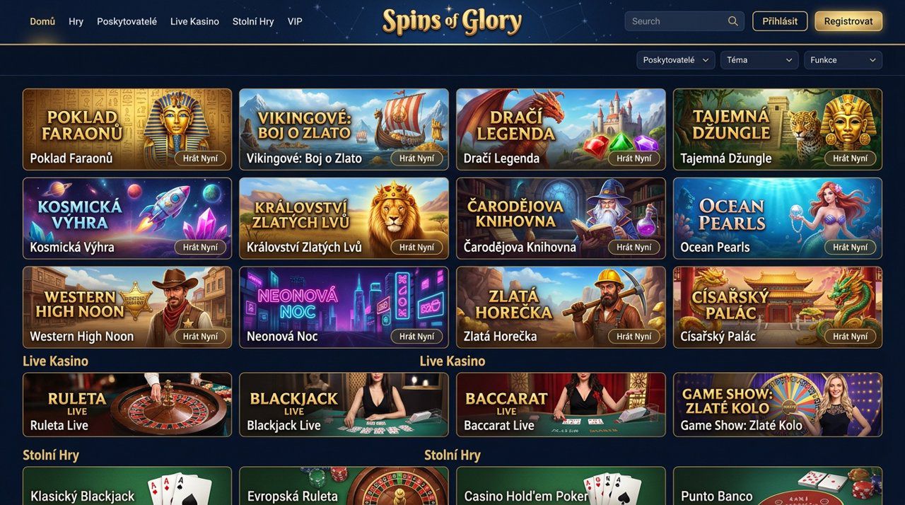 Úvodní stránka online kasina Spins of Glory s nabídkou automatů a herních kategorií