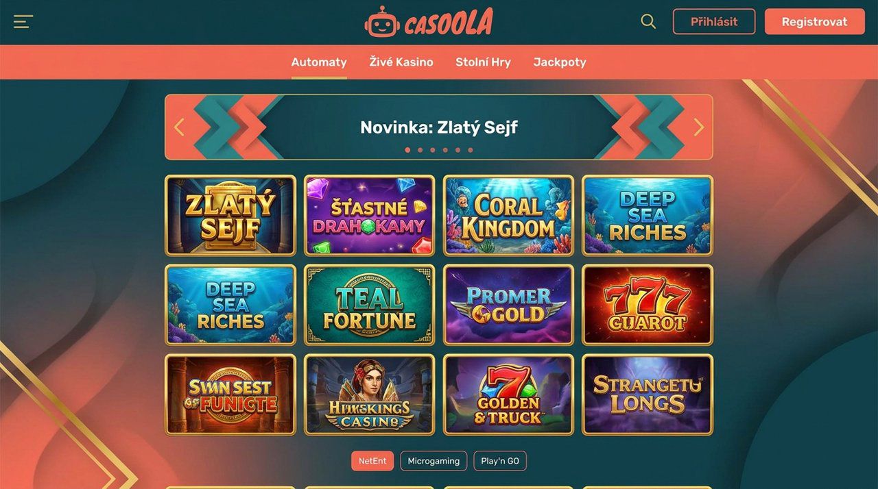 Úvodní stránka online kasina Casoola s nabídkou automatů, živého kasina a jackpotů